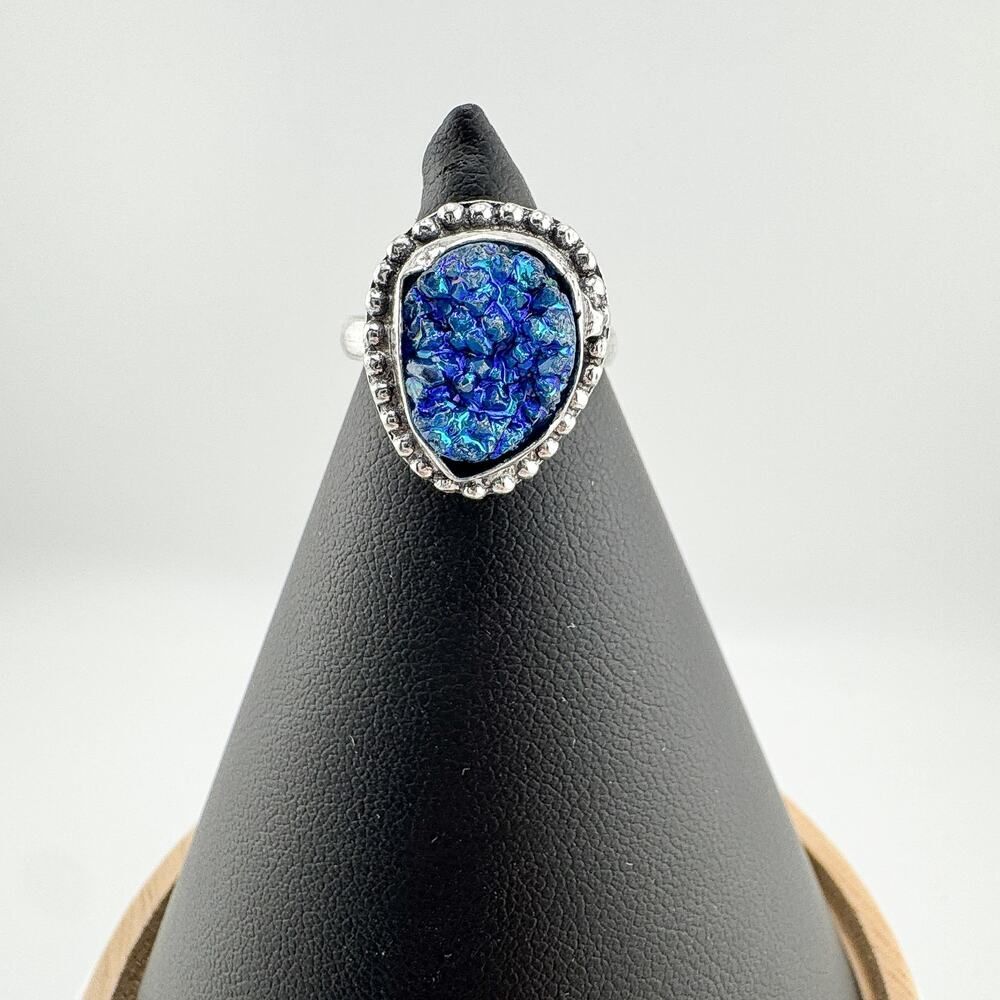 Vintage Blue Druzy Deadstock 925 Sterling Silver Ring Boho Retro Natural
